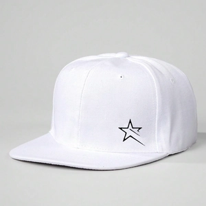 White flat-brim baseball cap featuring a black star print and adjustable structure