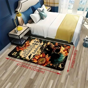 Detail of 120x80cm Halloween skull and sunflower absorbent mat on light wood flooring