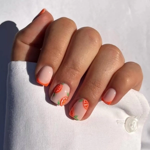 Faux Ongles À Presser Motif Orange Fruits French Tip Court Carré Style Été Pour Femmes Filles Ongles Artificiels Brilliants