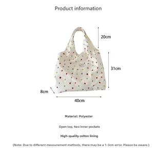 Tableau détaillé des tailles du sac cabas blanc à pois colorés avec dimensions précises