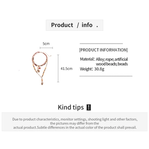 Detailed size specifications for bohemian multi-layer wooden bead leaf necklace in red brown