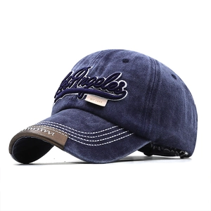 Vintage navy Los Angeles 3D embroidery baseball cap with washed denim look and leather rim