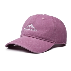 Detailed embroidery of BIG SIS and mountain logo on vintage washed burgundy baseball cap