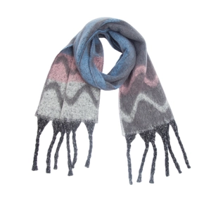 Detailed view of the soft faux mohair wavy pattern scarf with thick blue and grey tassels
