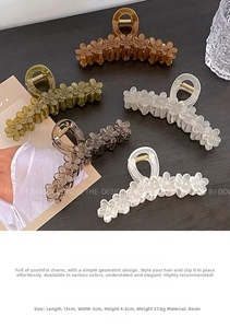Detail showing five floral resin hair claws in various colors with 13cm size measurements