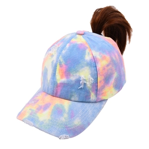 Tie-dye ponytail baseball cap with criss-cross back and distressed cotton denim finish