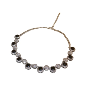 Dark style geometric square necklace with black and white rhinestones on silver chain