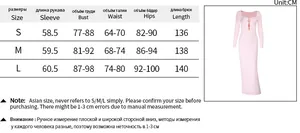 Detailed size chart for the square neck long sleeve dress with measurements in centimeters
