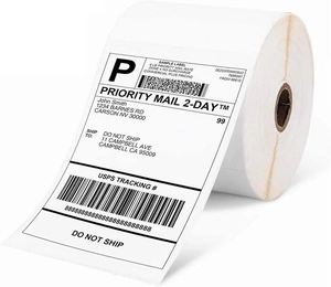 Macro view of white thermal shipping label roll for USPS Priority Mail printing
