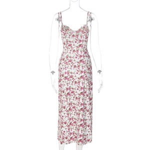Detail of white floral sundress with pink rose print on a transparent mannequin