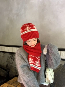 Dettaglio set cappello e sciarpa in maglia rossa con motivi di alberi di Natale
