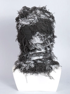 Close-up of distressed grey and white knitted balaclava with fringe details and texture