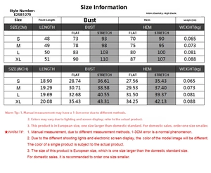 Size chart showing crop top measurements for S, M, L, XL including bust and length info