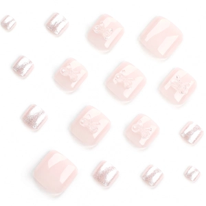Silver glitter and pink press-on toenails set with 3D transparent bow accents