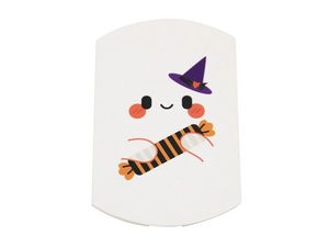 Detail of Halloween pillow box featuring a cute cartoon ghost and purple wizard hat