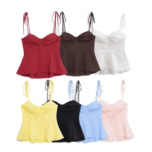 Canotta Camisole Sexy Donna Poliestere Spalline Da Annodare Busto Arricciato Orlo Peplum Schiena Arricciata Estate Senza Maniche