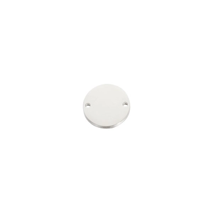 Close-up of a polished silver stainless steel round tag with two connector holes