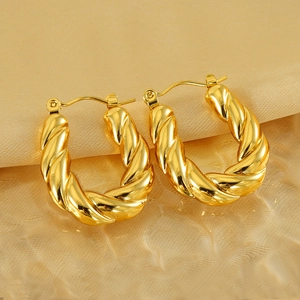 Classic 18k gold plated croissant hoop earrings with elegant twisted rope texture for women
