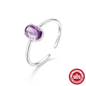 S925 sterling silver open ring with an oval purple zircon in four-prong setting