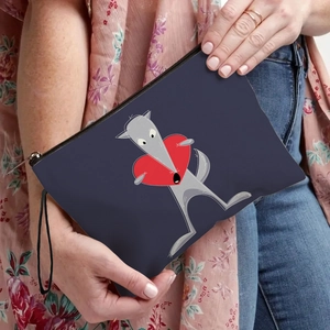 Navy blue makeup bag with cartoon wolf heart print and durable top metal zipper