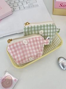 Mini floral embroidered plaid makeup bag and lipstick case with pearl zipper and hook