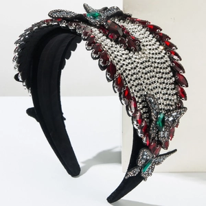 Luxe wide headband with red crystals and silver rhinestones featuring 3D butterfly charms