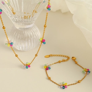 18k gold plated titanium necklace and bracelet set with colorful crystal flower charms