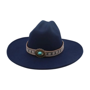 Detail of navy blue felt fedora hat with ethnic embroidery and turquoise stone decoration