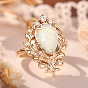 Macro detail of baroque style ring with pear-shaped opal and leaf-shaped metal design