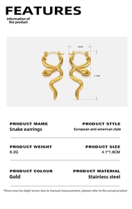 Detail view of golden stainless steel snake earrings with dimensions and weight data
