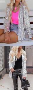 Vertical view of silver sequin blazer styled with pink and black lace inner wear