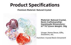 Detailed size chart for handmade heart-shaped crystal resin ornament with natural stones
