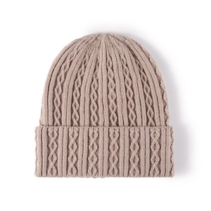 Winter cable knit beanie hat in light coffee color with a stylish folded cuff design