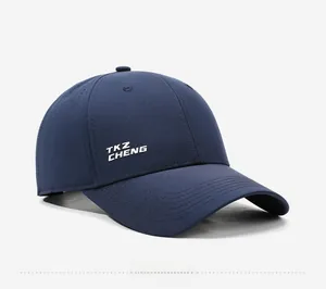 Detail view of navy blue mesh baseball cap with laser-cut ventilation holes and side logo