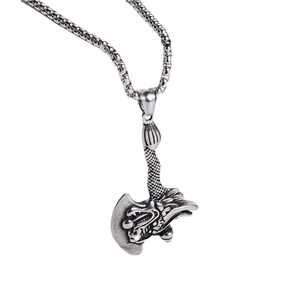 Vintage stainless steel dragon axe pendant necklace with antique silver finish and textures
