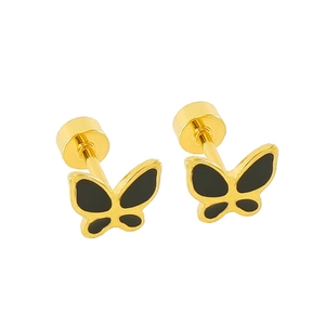 Minimalist gold butterfly stud earrings with black enamel inlay and stainless steel base