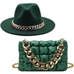 Women Wide Brim Woolen Fedora Hat And Quilted PU Leather Crossbody Bag With Thick Chain Decoration Retro Luxury