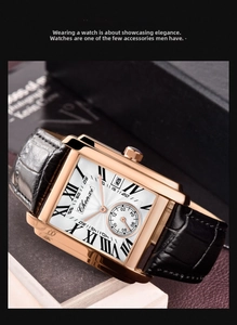 Detail of Chenxi rectangular quartz watch with rose gold case and black leather strap