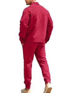 Rear view of rose red men's casual tracksuit featuring a collared jacket and joggers