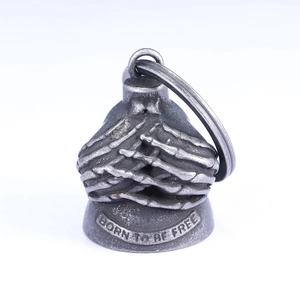 Retro gothic skull bell keychain in antique silver finish with Born to be Free engraving