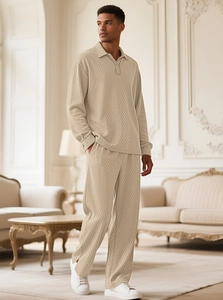 Close-up of men's beige polo lounge set with premium textured diamond knit pattern