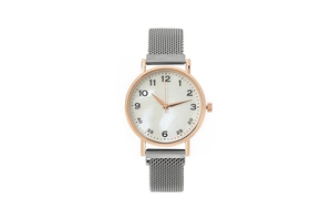 Elegant women's quartz watch with grey magnetic mesh strap and Arabic numeral dial