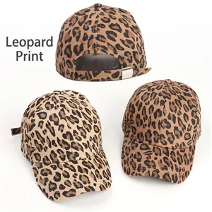 Classic leopard print baseball caps with adjustable metal buckles on white background