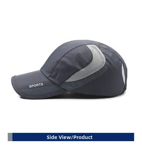 Detail of dark gray quick-dry sports cap with breathable side mesh and reflective strap