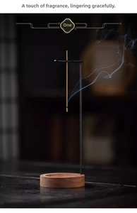 Zen style wooden incense burner with hanging metal stand and artistic rising smoke effect