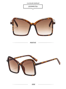 Detailed front and side views of oversized leopard print sunglasses with tea gradient lenses