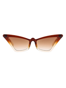 Detailed close-up of amber gradient cat-eye sunglasses with thick butterfly frame