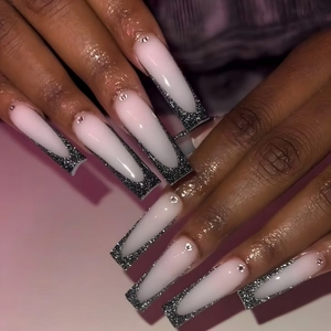 French Black Tip Press On Nails Long Coffin Fake Nails With Glitter And Rhinestones Gradient Fashion For Women