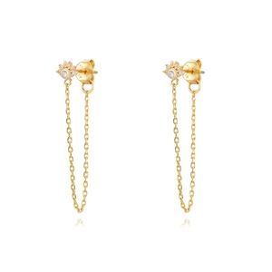Detail of S925 sterling silver gold-plated chain earrings with sparkling zircon eye stud