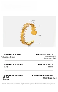 Detail view of the 18K gold plated fishbone ring with dimensions and technical specs